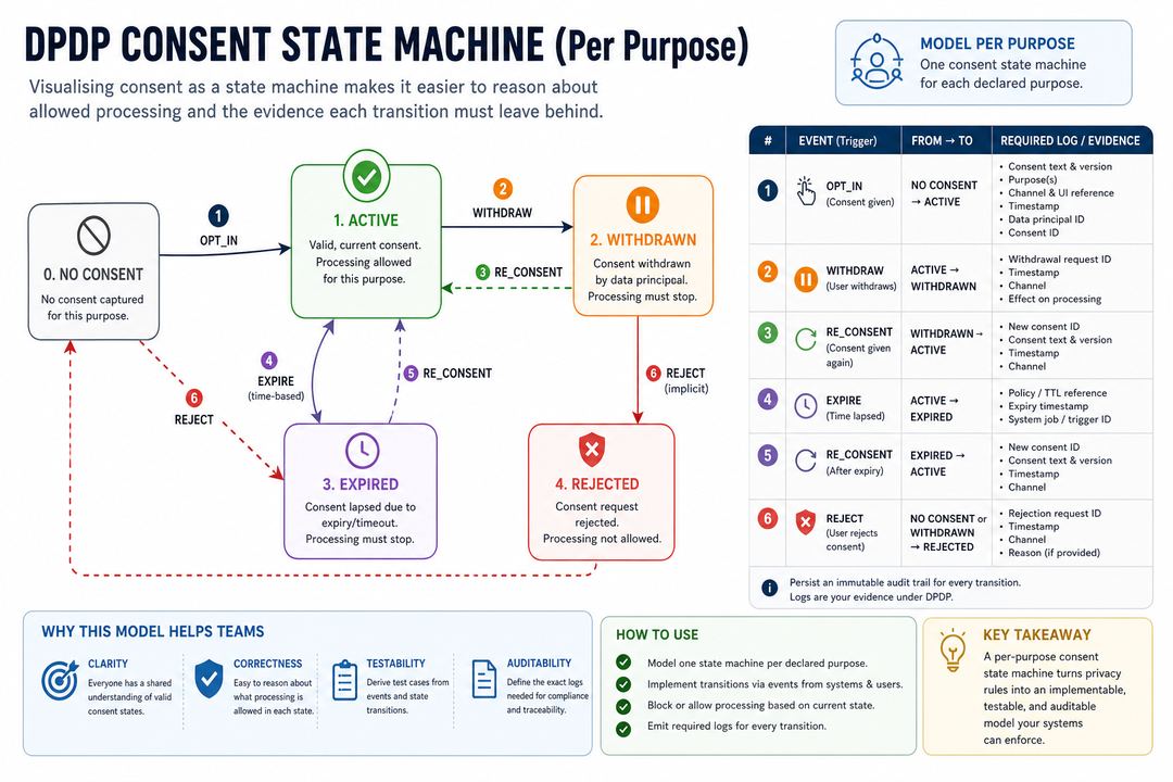Infographic diagram of a DPDP consent state machine showing states, events, and logging for each transition.