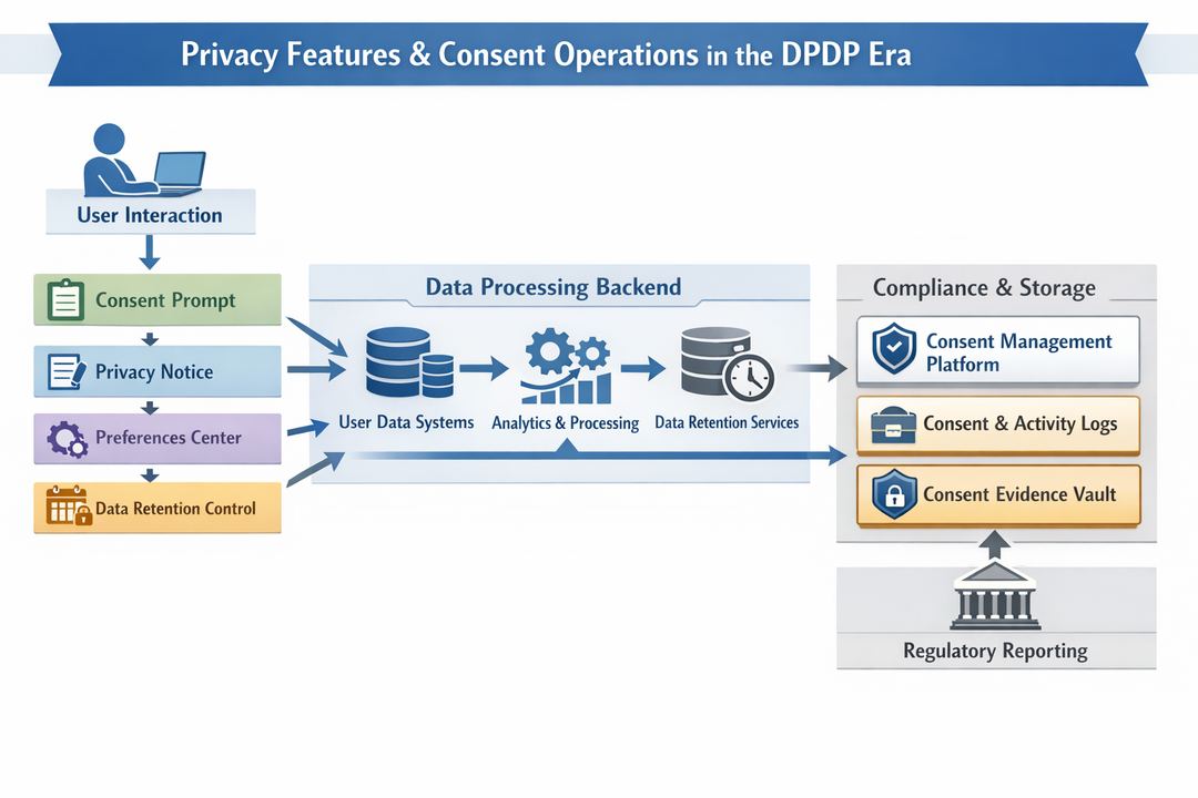 Diagram mapping privacy features and consent operations across a DPDP-aligned data flow