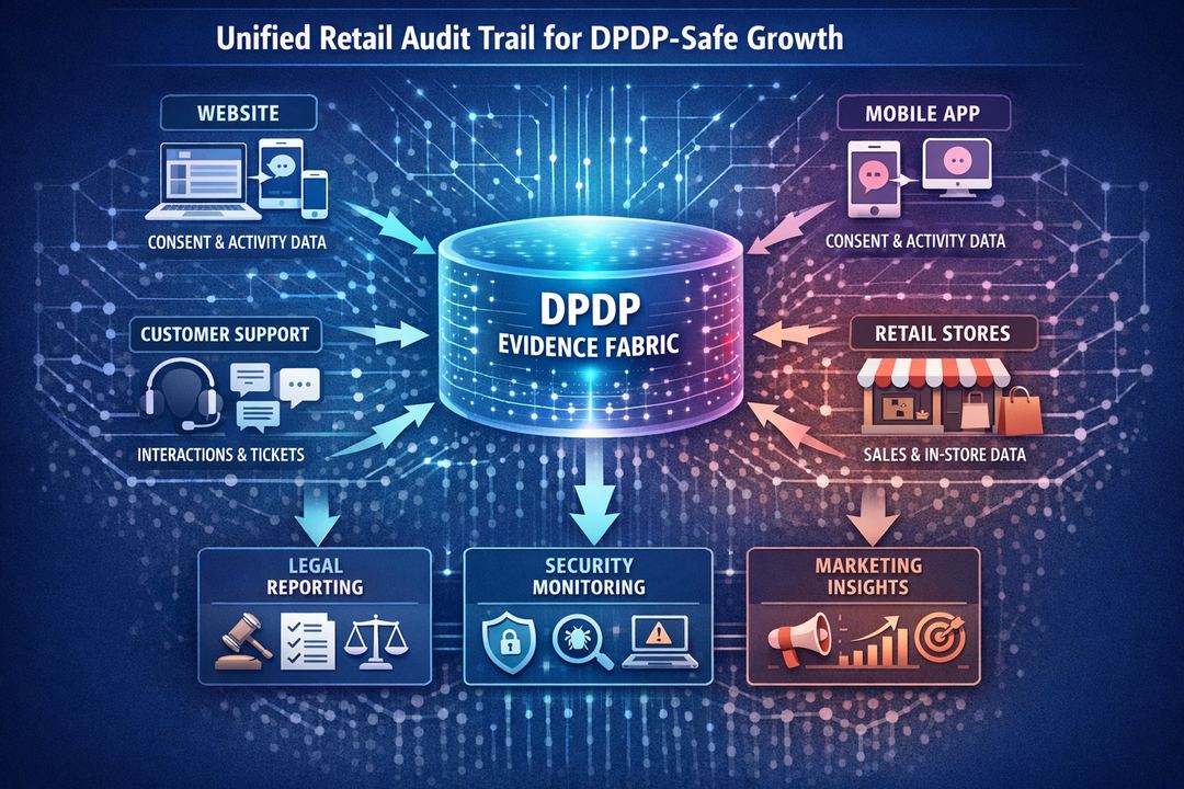 Diagram of unified retail audit trail connecting web, app, support, and store systems into a central DPDP evidence fabric