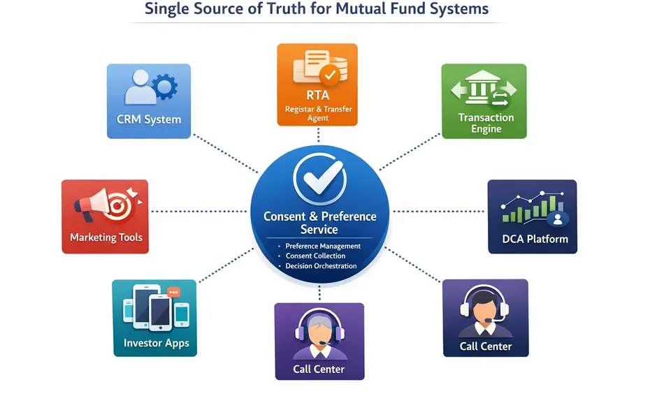 Architecture diagram infographic showing a central consent and preference service integrating with CRM, RTA, transaction engine, apps, marketing tools, call center, and DCA platform.