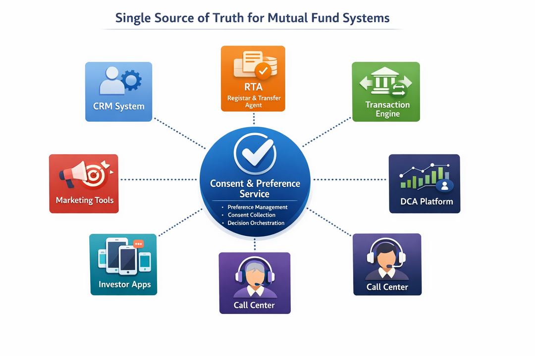 Architecture diagram infographic showing a central consent and preference service integrating with CRM, RTA, transaction engine, apps, marketing tools, call center, and DCA platform.