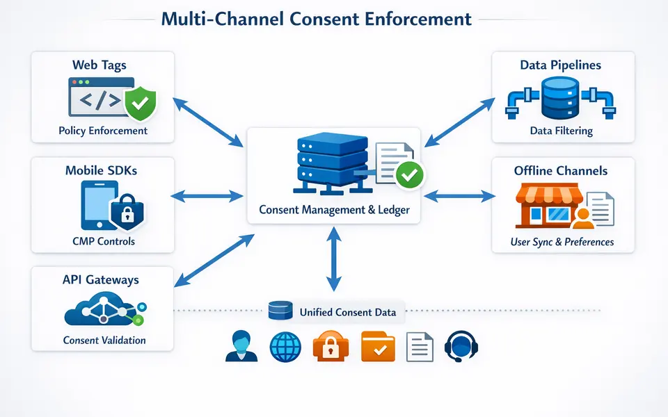 Infographic diagram showing consent enforcement across web tags, mobile SDKs, API gateways, data pipelines, and offline channels referencing a central consent ledger.