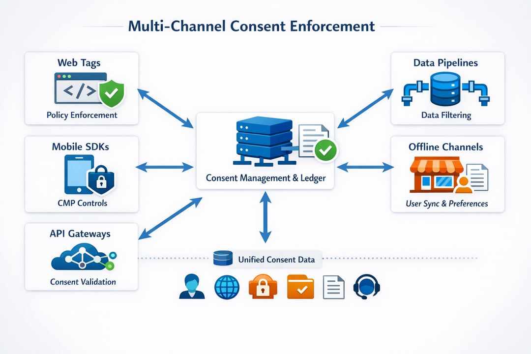 Infographic diagram showing consent enforcement across web tags, mobile SDKs, API gateways, data pipelines, and offline channels referencing a central consent ledger.