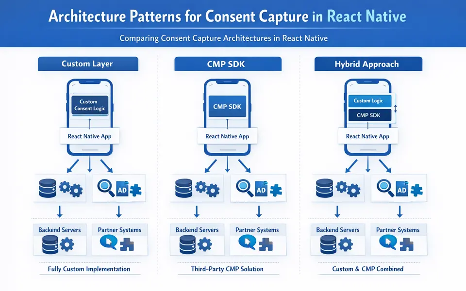 Diagram comparing three React Native consent architectures: custom layer, CMP SDK, and hybrid, with arrows to backend and partner systems.
