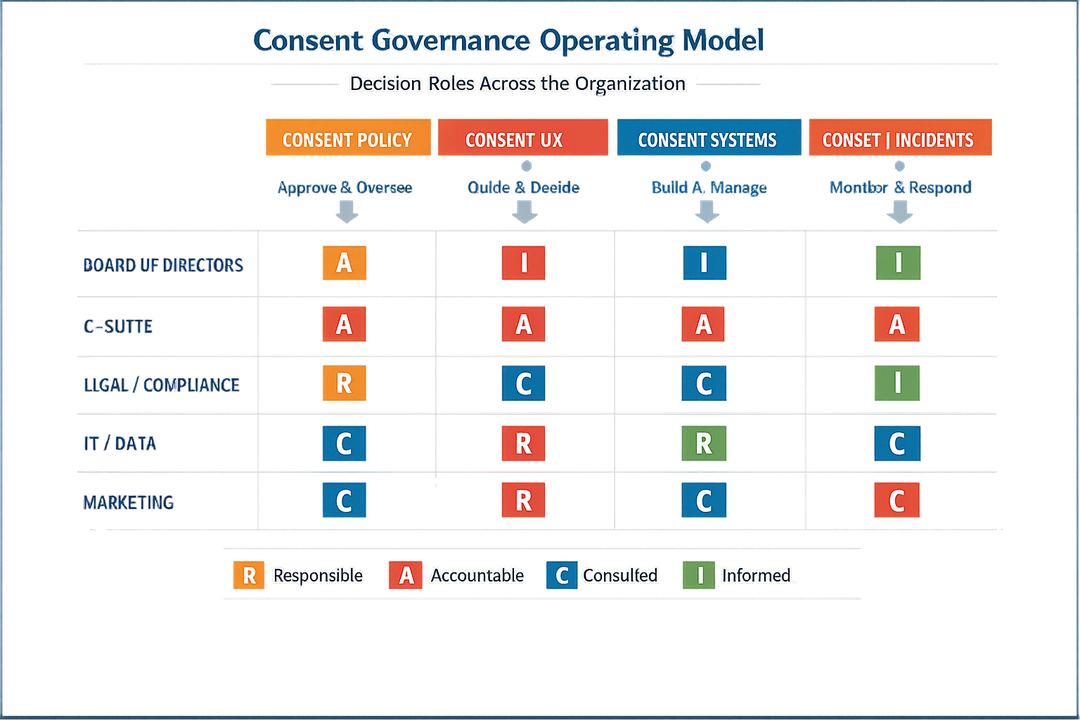 Diagram of a cross-functional consent governance model linking board, C-suite, and working groups.