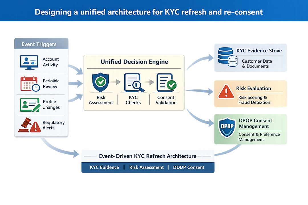 Diagram of an event-driven KYC refresh architecture linking triggers, a central decision layer, KYC evidence store, and DPDP consent management.