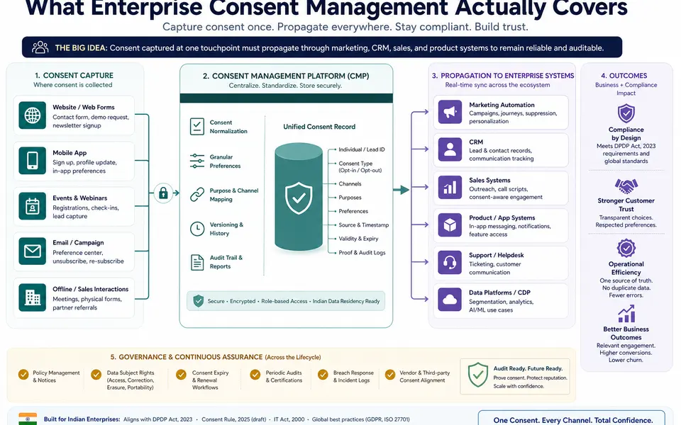Infographic of enterprise consent management touchpoints and data flows across web, app, CRM, and marketing systems.