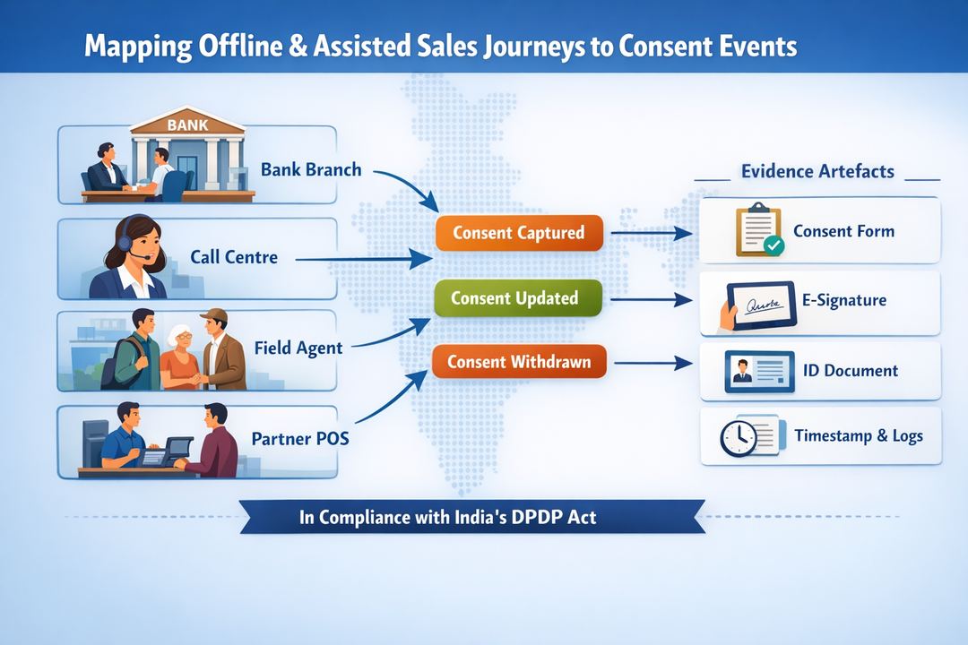 Infographic diagram showing offline and assisted sales channels mapped to discrete consent events and evidence artefacts.