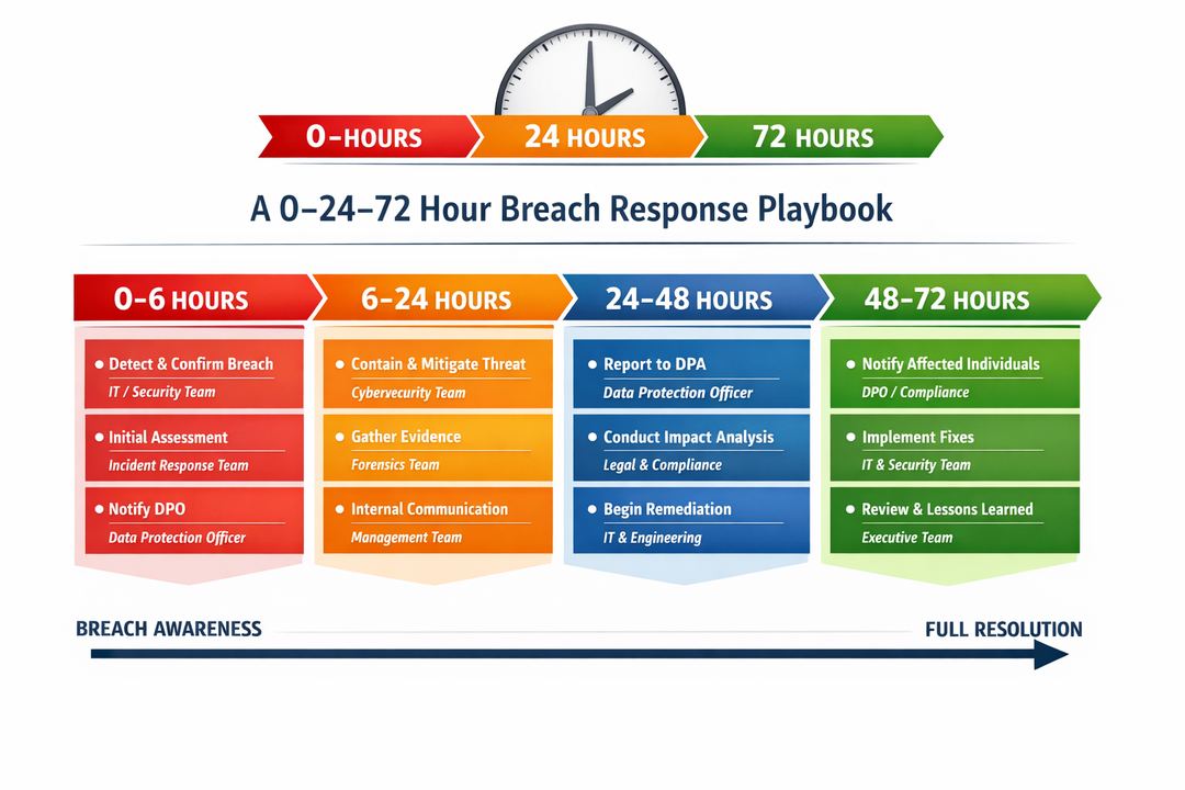 Timeline diagram of a 0–24–72 hour DPDP breach response playbook
