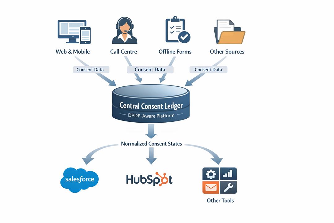 Infographic-style diagram showing a central DPDP-aware consent ledger receiving inputs from web, app, call centre, and offline sources, then pushing normalised consent states into Salesforce, HubSpot, and other tools.