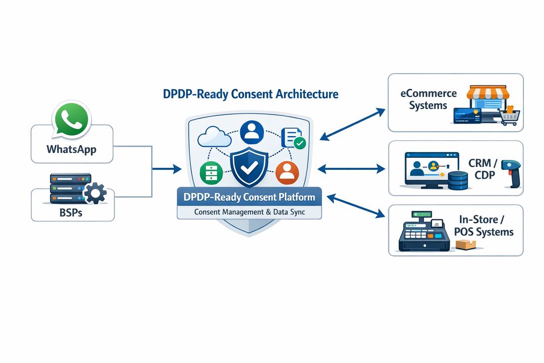 Infographic showing DPDP-ready consent architecture with WhatsApp, consent platform, CRM, ecommerce and POS
