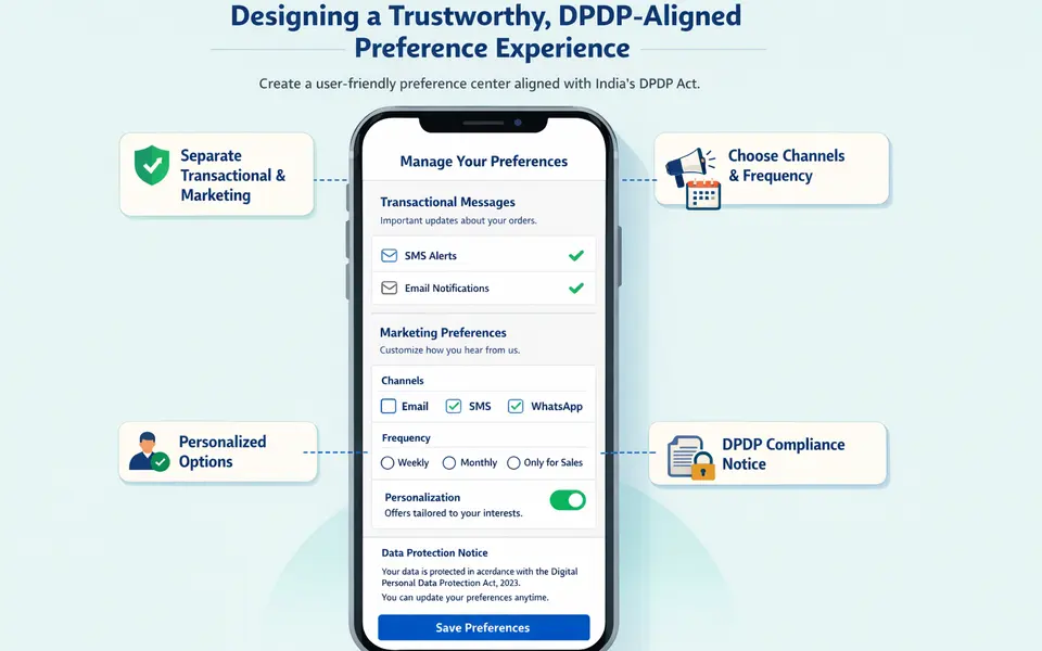 Infographic layout of a high-trust preference center screen showing clear channels, frequencies, and DPDP notice text.