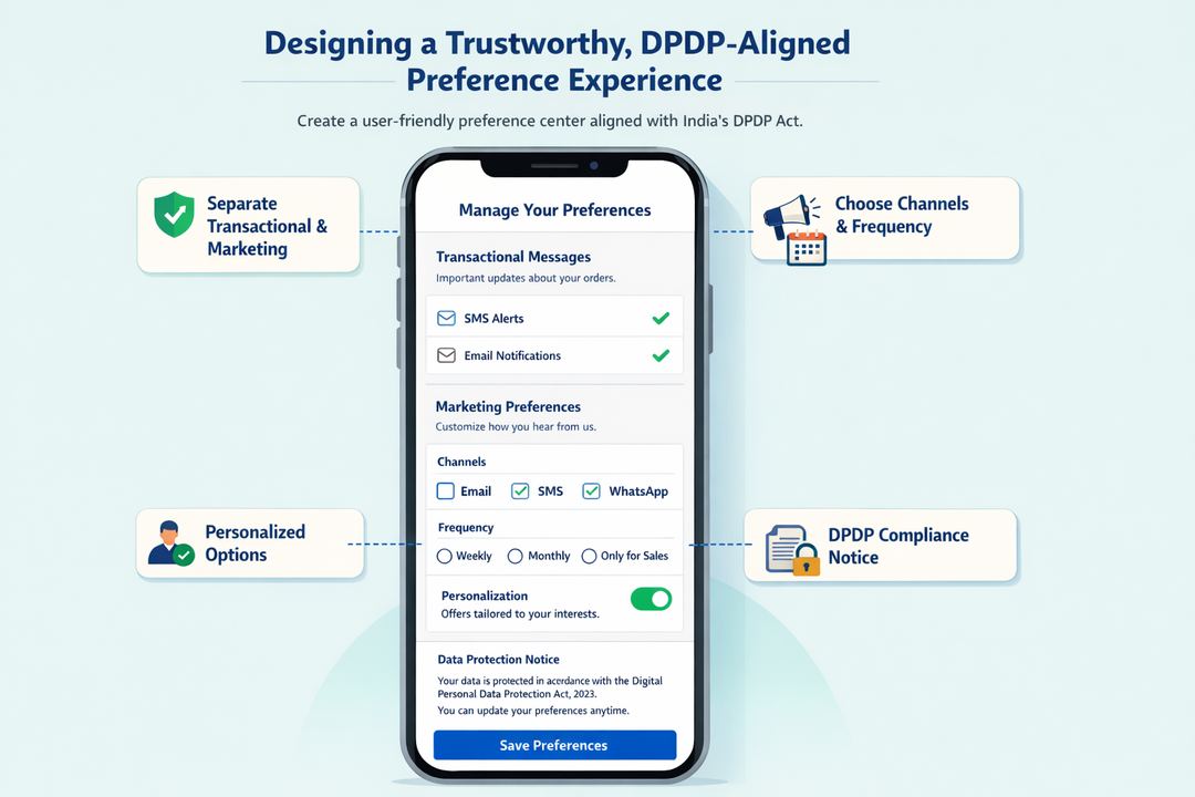 Infographic layout of a high-trust preference center screen showing clear channels, frequencies, and DPDP notice text.
