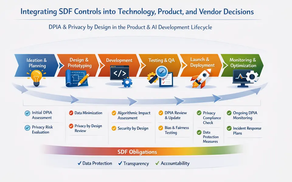Infographic of product lifecycle with embedded DPIA and privacy-by-design controls under SDF obligations