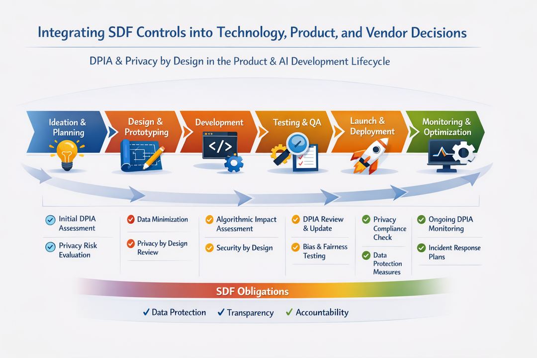 Infographic of product lifecycle with embedded DPIA and privacy-by-design controls under SDF obligations