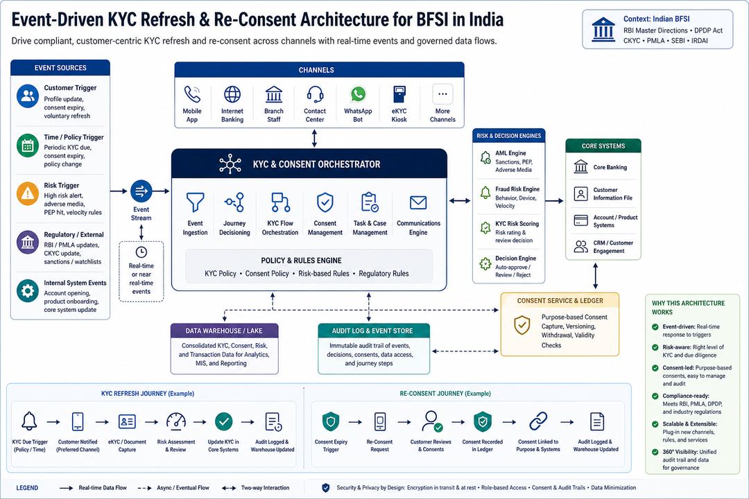 Diagram of an event-driven KYC refresh and consent architecture for an Indian financial institution