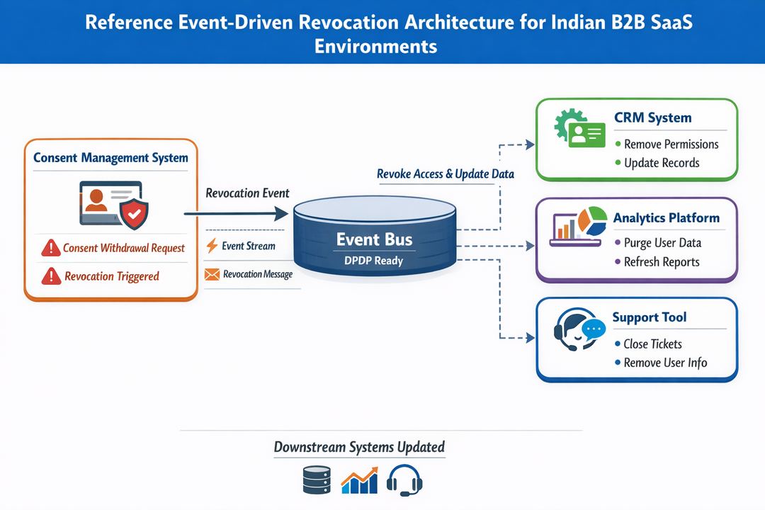 Infographic diagram of an event-driven consent revocation architecture connecting a consent management system, event bus, and CRM, analytics, and support tools.
