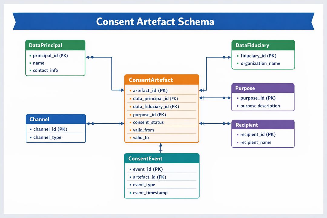 Infographic-style ERD of a consent database showing ConsentArtefact linked to DataPrincipal, DataFiduciary, Purpose, Recipient, Channel, and ConsentEvent tables.