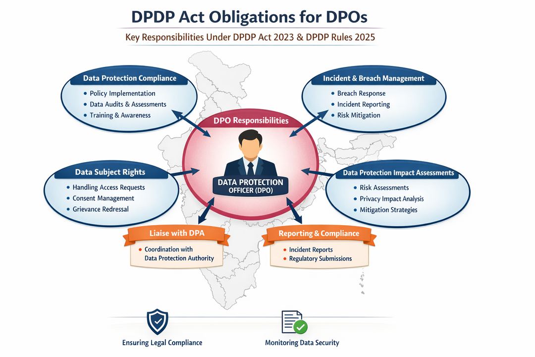 Infographic showing DPDP Act obligations, highlighting where the DPO is explicitly responsible