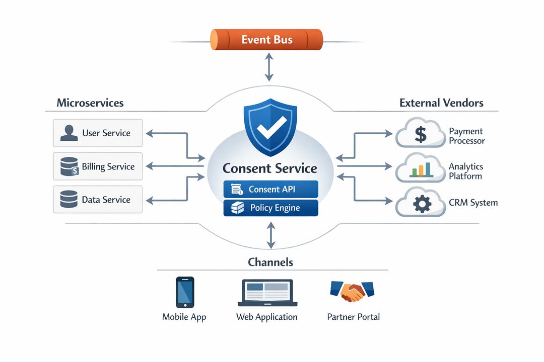 Architecture diagram of a consent-aware API service at the centre of microservices, channels, and third-party processors.