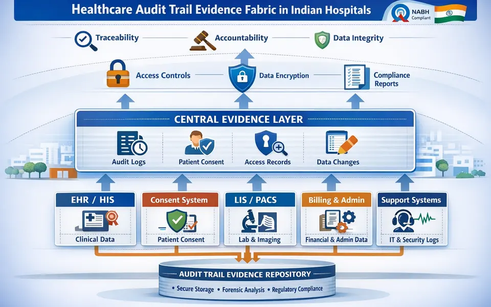 Infographic diagram showing an end-to-end healthcare audit trail evidence fabric across EHR/HIS, consent, LIS/PACS, billing, and support systems in an Indian hospital.