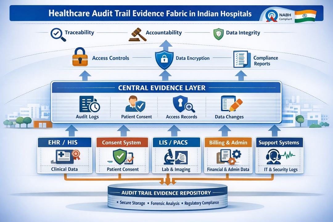 Infographic diagram showing an end-to-end healthcare audit trail evidence fabric across EHR/HIS, consent, LIS/PACS, billing, and support systems in an Indian hospital.
