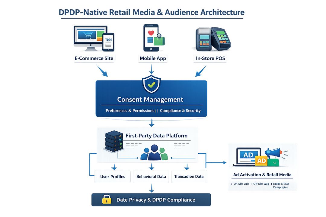 Diagram of a DPDP-native retail media architecture showing consent management between customer touchpoints, data platform, and ad activation systems