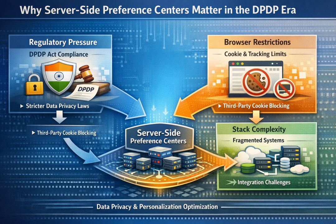 Infographic showing regulatory, browser, and stack-complexity drivers pushing Indian enterprises toward server-side preference centers.