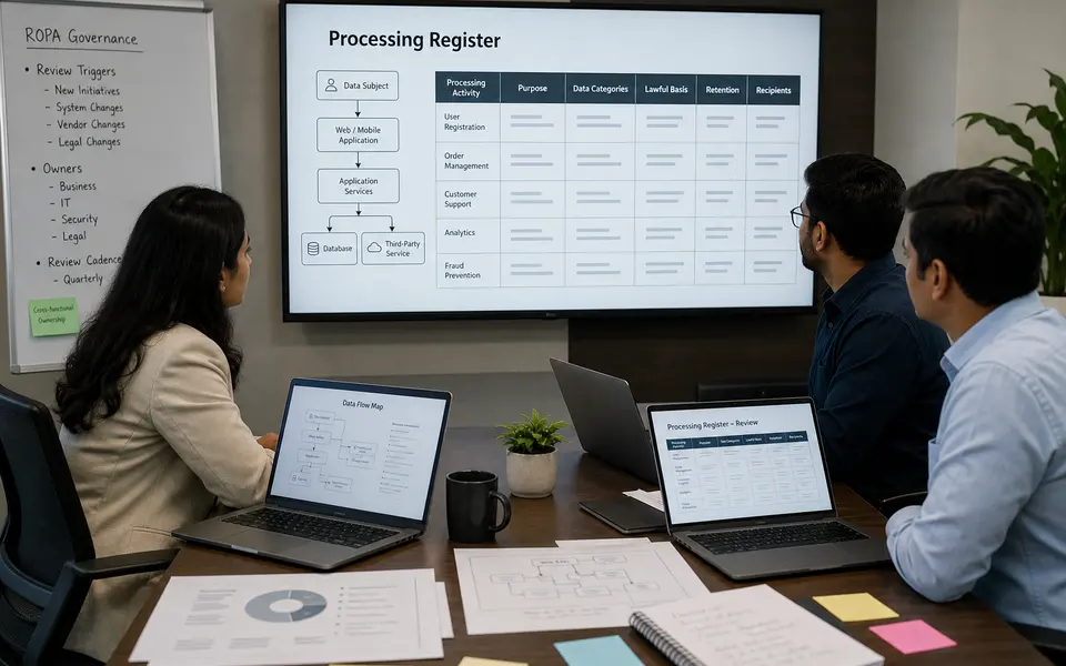 Cross-functional privacy, legal, IT, and security team in an Indian office reviewing a data processing register on laptops in a meeting room.