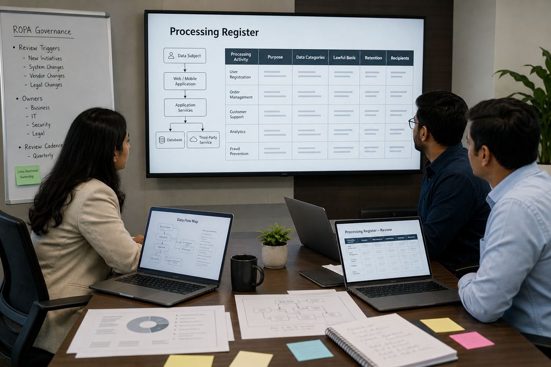 Cross-functional privacy, legal, IT, and security team in an Indian office reviewing a data processing register on laptops in a meeting room.