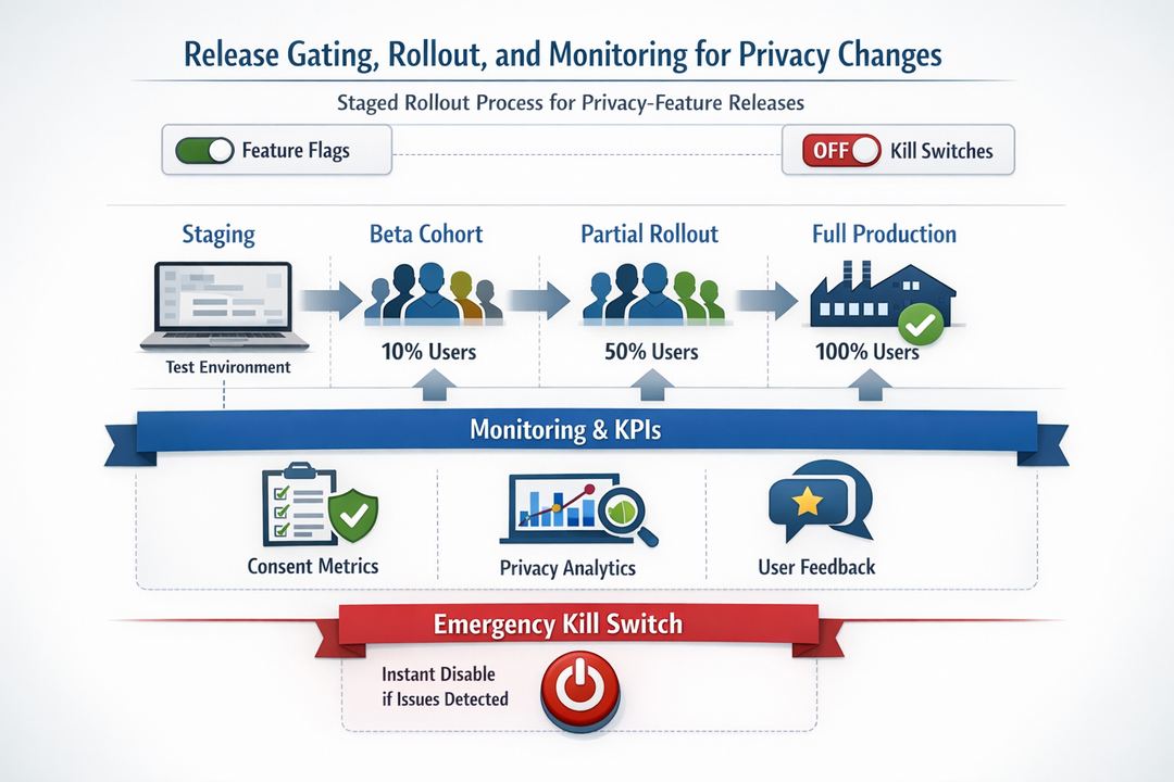 Diagram of staged rollout and monitoring for privacy-feature releases