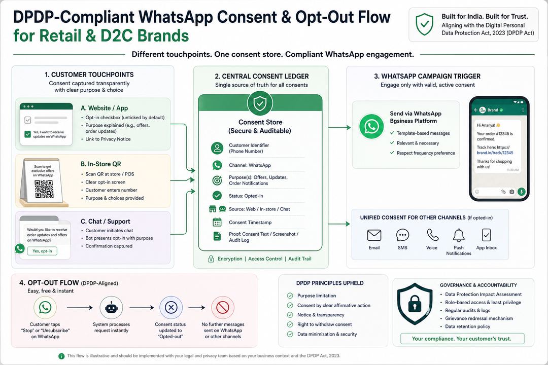 Infographic diagram showing DPDP-compliant WhatsApp opt-in and opt-out flows from web, in-store QR, and chat into a central consent ledger.