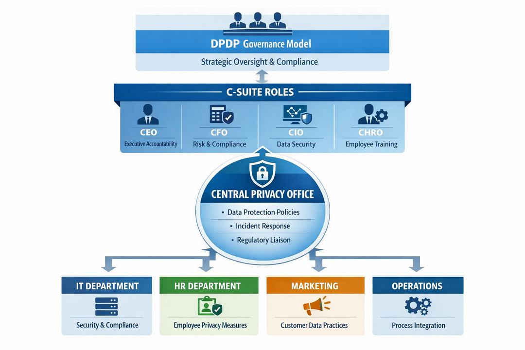 Infographic showing a DPDP governance model with board oversight, C‑suite roles, and a central privacy office connected to business units.