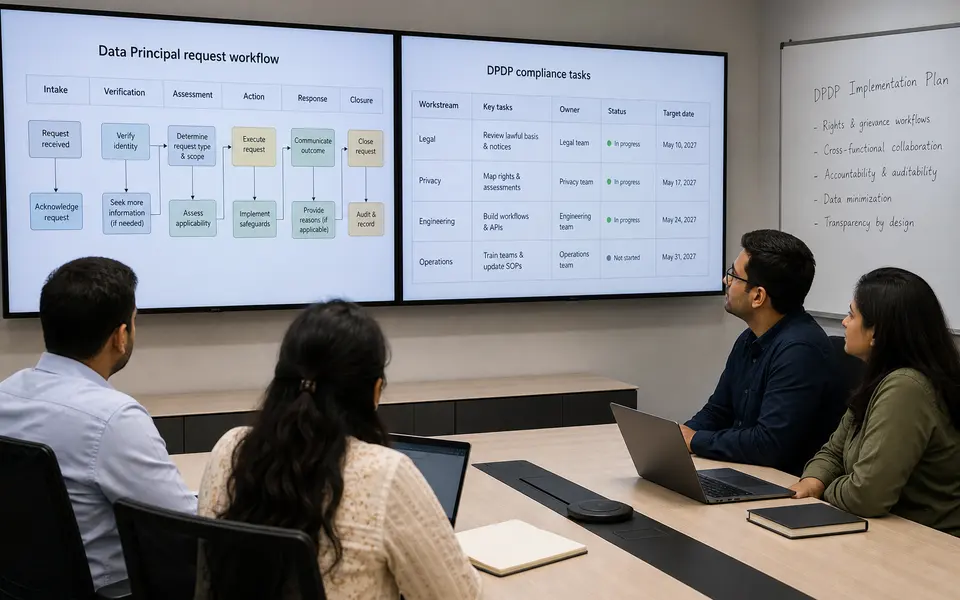 Indian legal, privacy, engineering and operations team reviewing a DPDP rights workflow on screens in a modern office.