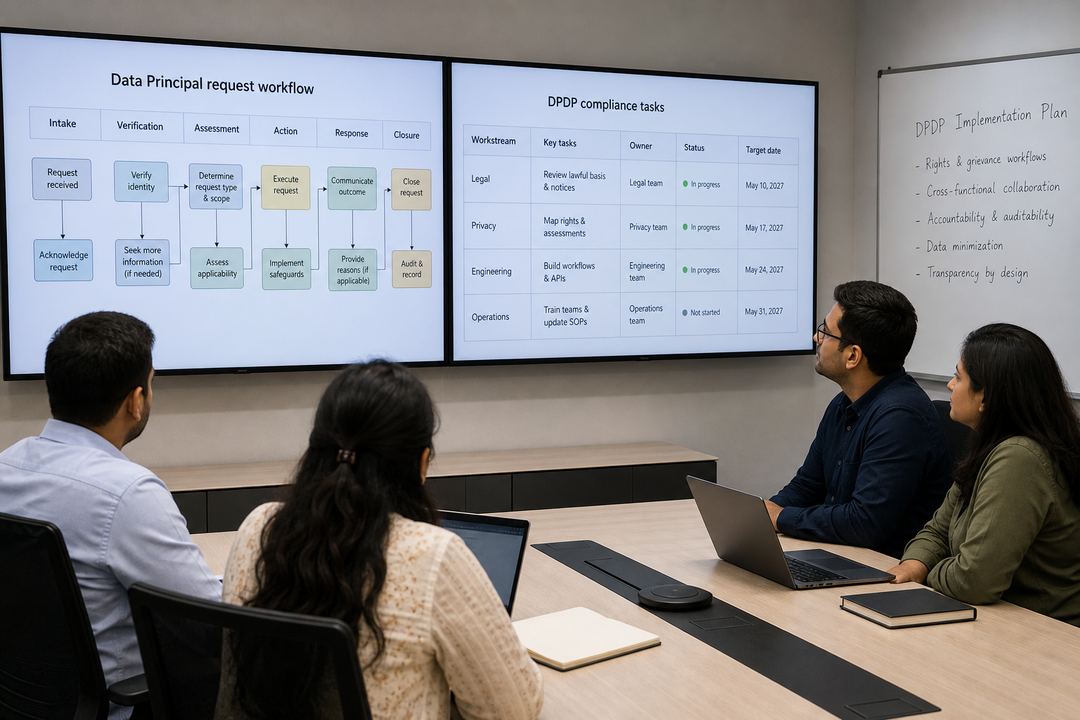 Indian legal, privacy, engineering and operations team reviewing a DPDP rights workflow on screens in a modern office.