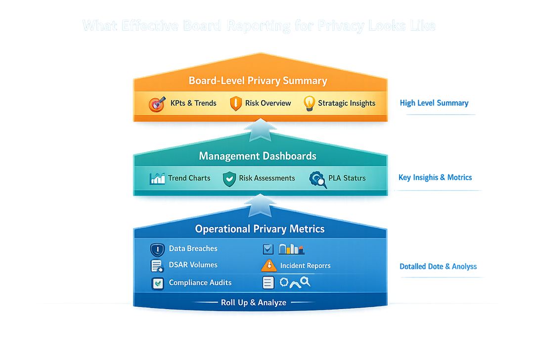 Infographic showing the flow from operational privacy metrics to management dashboards and then to a concise board-level privacy summary.