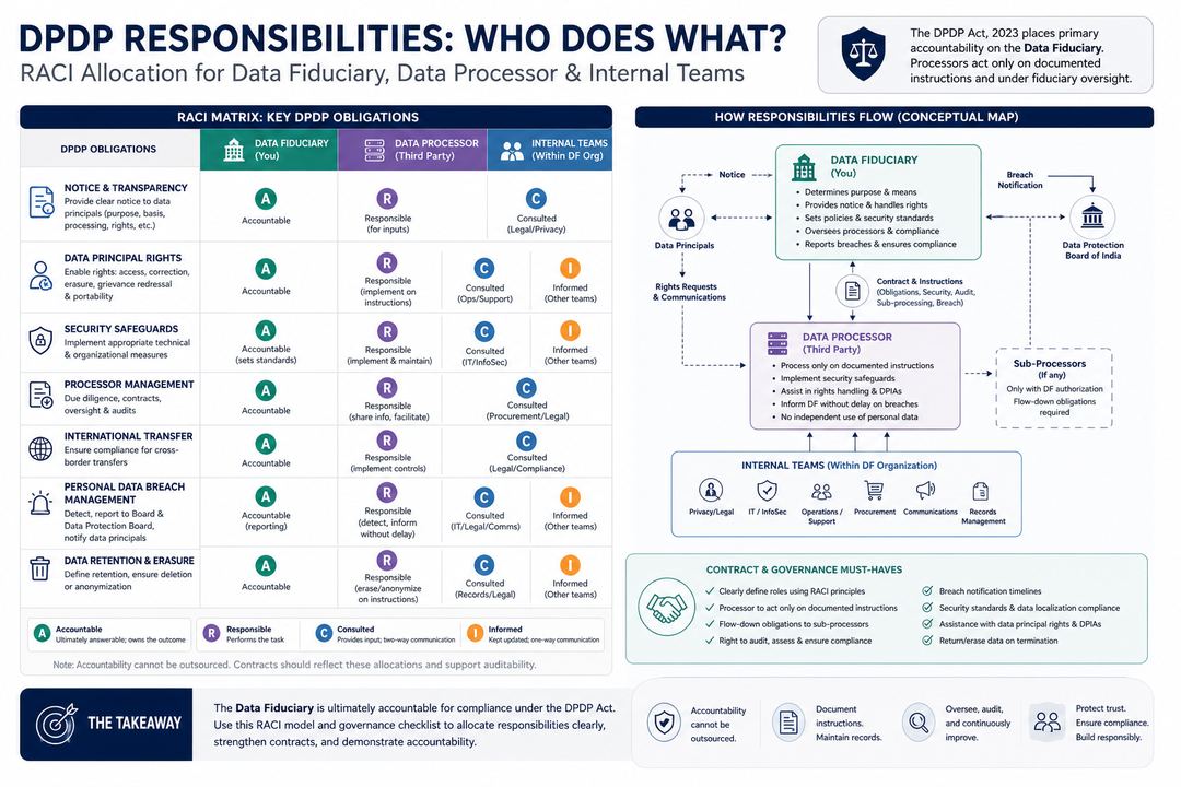 Infographic showing RACI-style allocation of DPDP obligations between the data fiduciary, data processors, and internal teams.