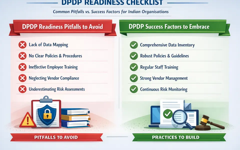 Checklist infographic of common DPDP readiness pitfalls and success factors for Indian organisations