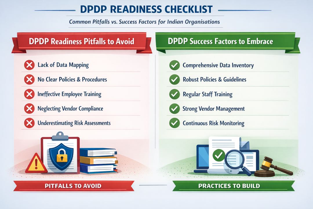 Checklist infographic of common DPDP readiness pitfalls and success factors for Indian organisations
