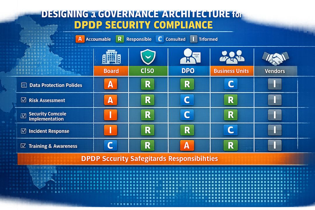 RACI-style infographic showing DPDP security roles across board, CISO, DPO, business units, and vendors.