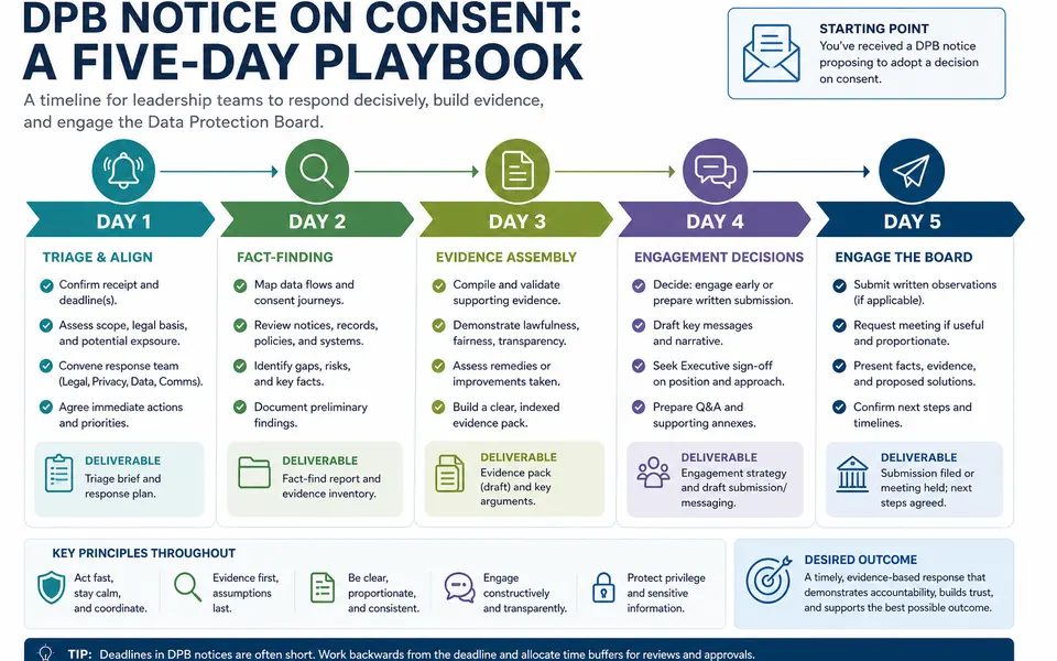 Timeline diagram of the first five days responding to a DPB notice about consent