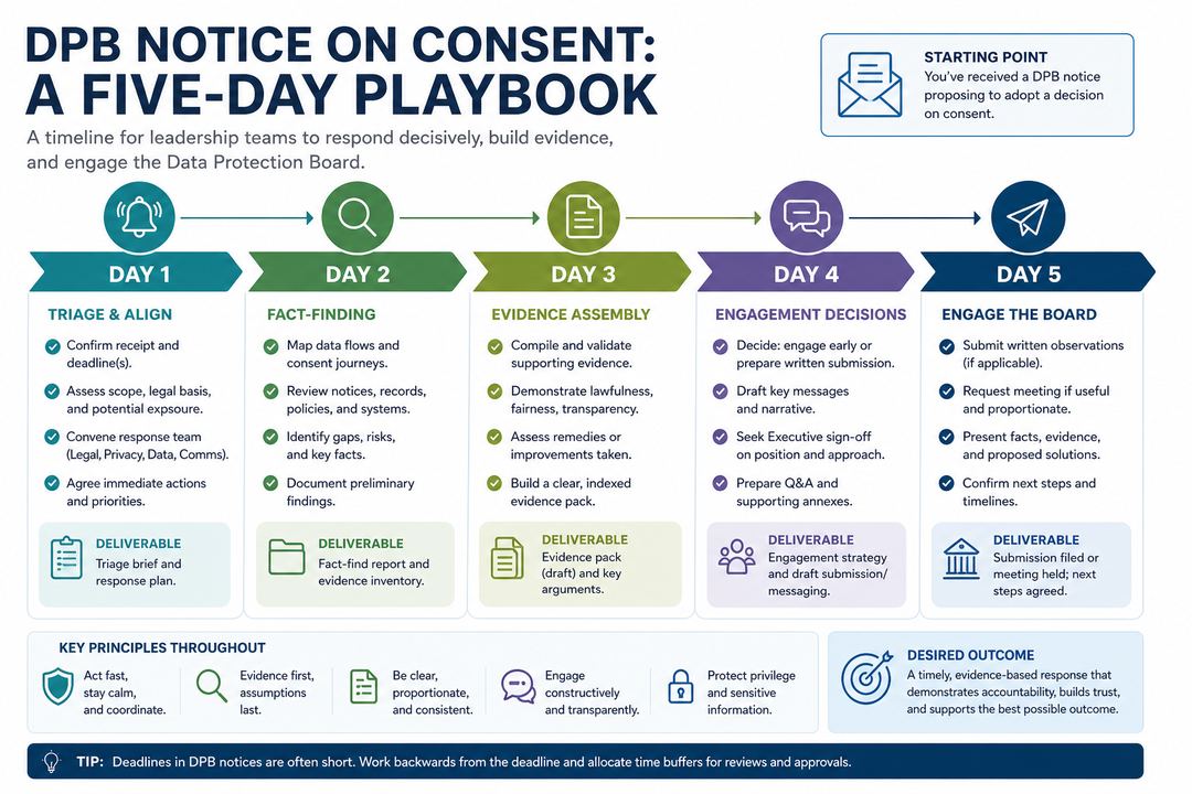 Timeline diagram of the first five days responding to a DPB notice about consent