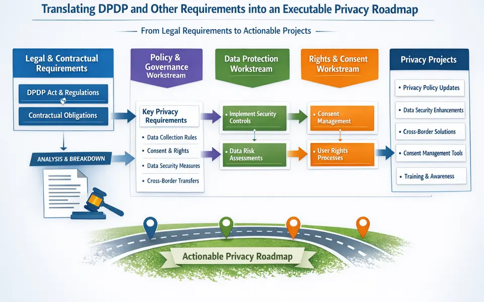 Flowchart-style infographic mapping DPDP and contractual requirements into themed privacy workstreams and projects.