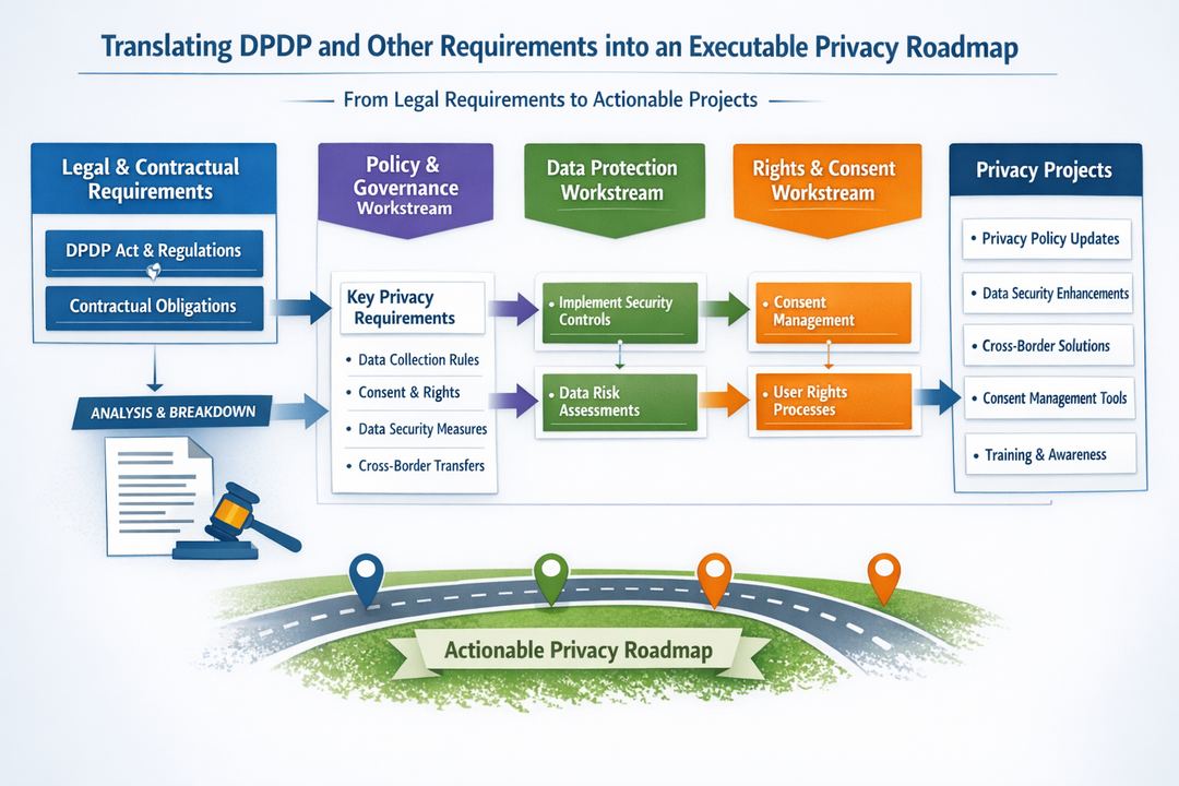 Flowchart-style infographic mapping DPDP and contractual requirements into themed privacy workstreams and projects.
