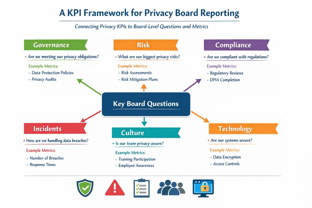 Diagram-style infographic mapping privacy KPI categories to board-level questions and example metrics.