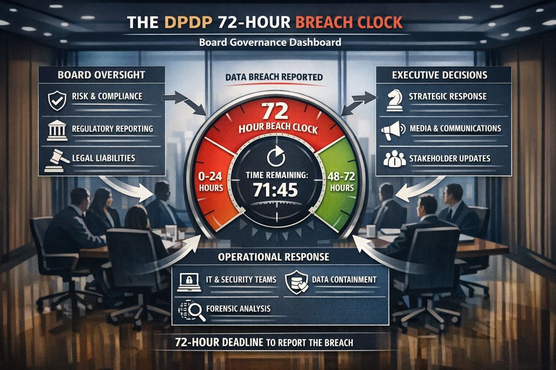 Boardroom view of the DPDP 72-hour breach clock as a governance dashboard