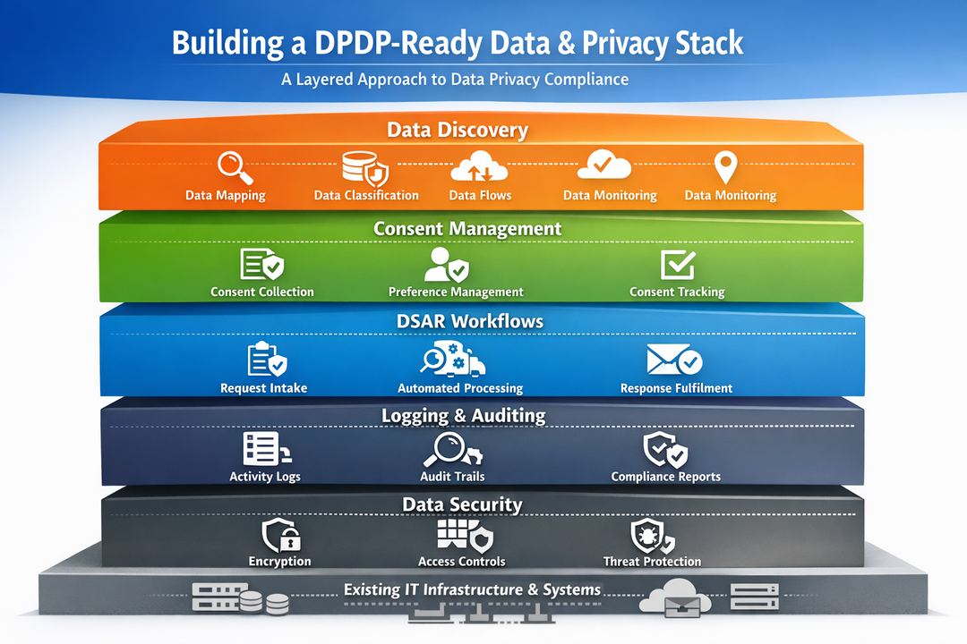 Layered diagram of a DPDP-ready technology stack including data discovery, consent management, DSAR workflows, logging, and security.