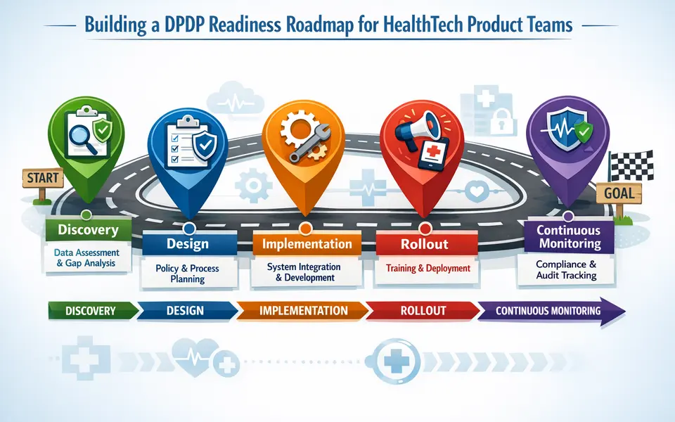 Roadmap-style infographic showing phased DPDP readiness implementation for a HealthTech organisation.
