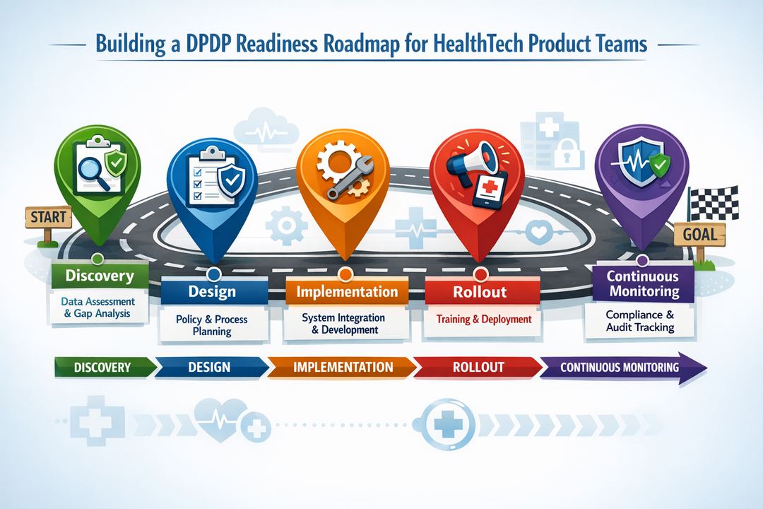 Roadmap-style infographic showing phased DPDP readiness implementation for a HealthTech organisation.