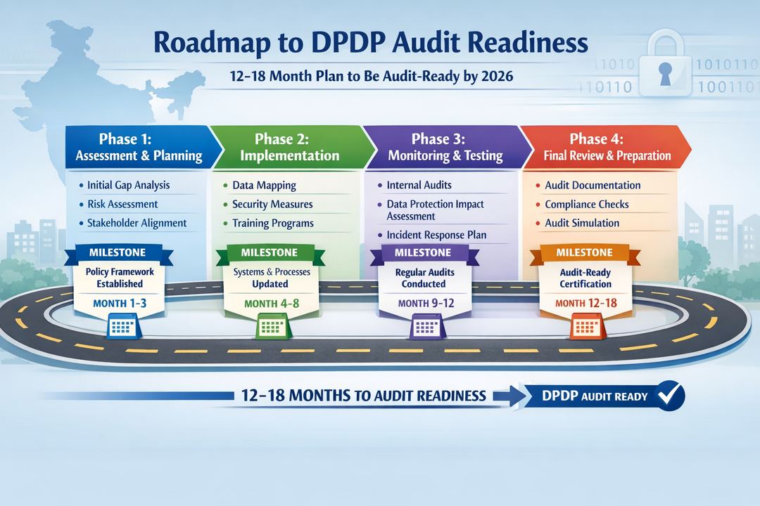 Infographic timeline showing a 12–18 month roadmap to DPDP audit readiness with phases and key milestones.